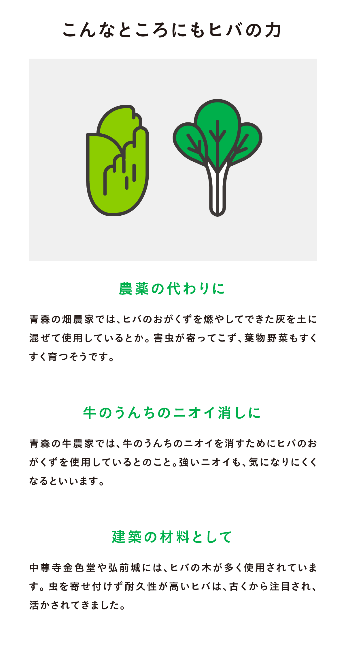 こんなところにもヒバのちから 農薬の代わりに|青森の畑農家では、ヒバのおがくずを燃やしてできた灰を土に混ぜて使用しているとか。害虫が寄ってこず、葉物野菜もすくすく育つそうです。 牛のうんちのニオイ消しに|青森の牛農家では、牛のうんちのニオイを消すためにヒバのおがくずを使用しているとのこと。強いニオイも気になりにくくなるといいます。 建築の材料として|中尊寺金色堂や弘前城には、ヒバの木が多く使用されています。虫を寄せ付けず耐久性が高いヒバは、古くから注目され、活かされてきました。
